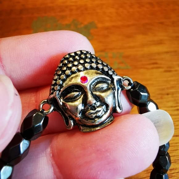 Stretch Faceted Hematite and Brushed Silver Tone Buddha Bracelet - Picture 8 of 12